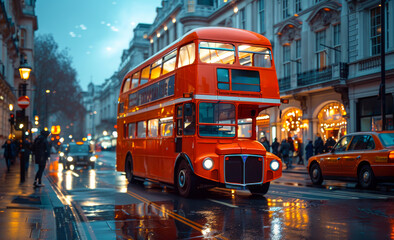 Fototapeta premium Red Double Decker Bus in London at Dusk. A red double-decker bus drives through the rainy streets of London