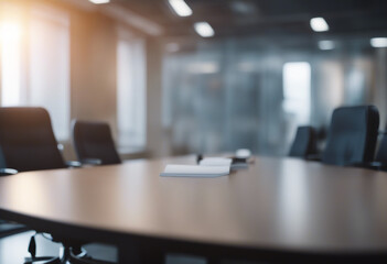 Table with Blurred Background of Corporate Office Conference Room with Interior Office Product