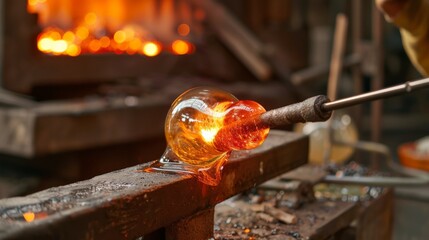 Glassblowing process in a workshop, showcasing the creation of beautiful and intricate handblown glass art with glowing furnace in the background.