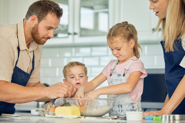 Parents, teaching or family cooking with kids in kitchen for child development to prepare cookies....