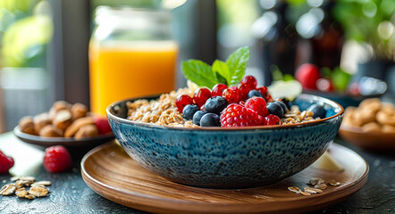 Blue Bowl of Granola With Berries and Mint
