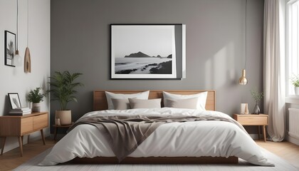 Frame mockup in modern bedroom with empty poster frame 