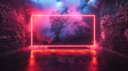 A moody image showcasing a pink neon light frame that encloses misty and ethereal cloud formations within a brick room