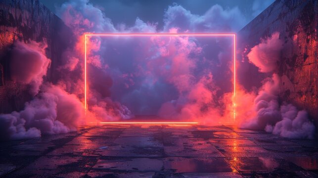 A bold neon rectangle frames a dynamic and explosive cloud formation, imbued with a sense of power and drama