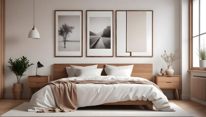 Frame mockup in modern bedroom with empty poster frame 