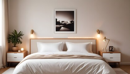 Frame mockup in modern bedroom with empty poster frame 