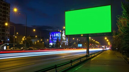 Billboard with Chroma Key Green Screen on Busy Street at Night