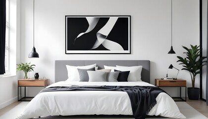 Frame mockup in modern bedroom with empty poster frame 
