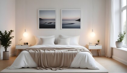 Frame mockup in modern bedroom with empty poster frame 
