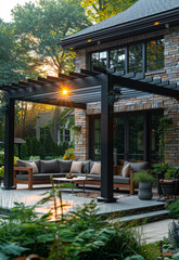 Modern Patio Pergola With Sectional Sofa. A modern patio with a black pergola, a sectional sofa, and stone tile flooring.