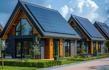 Fototapeta premium Modern Homes With Solar Panels. Modern homes with solar panels, against a blue sky.