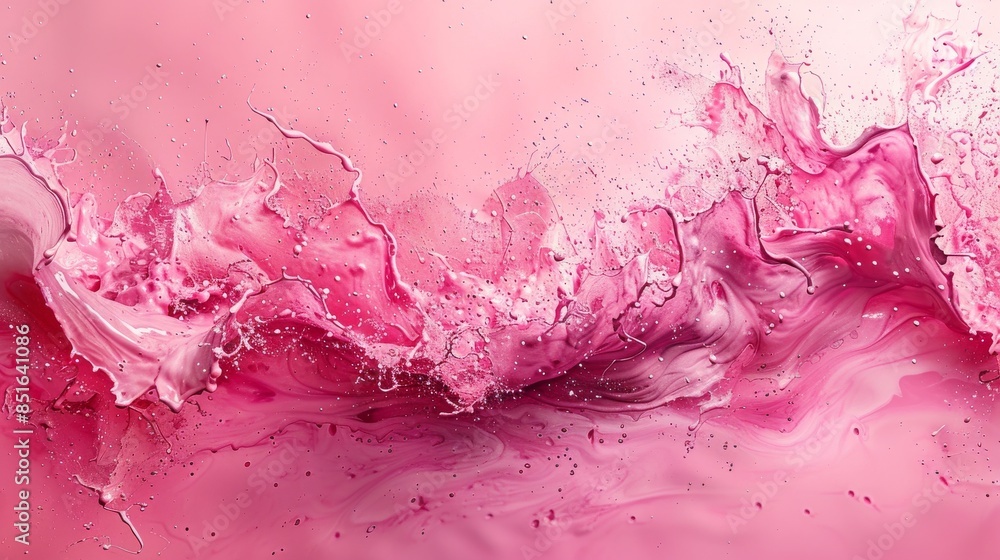 Poster high-speed shot capturing a vivid pink liquid forming a wave, reflecting movement and fluidity in an