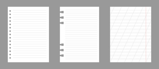 Set of notebook sheets isolated on gray background. Realistic white blanks of lined paper. Different vertical pages from diary. Vector template.