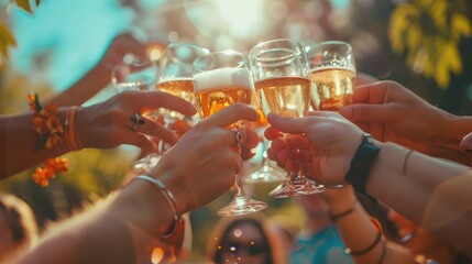 Group of friends raising their glasses for a cheerful toast at an outdoor gathering, celebrating together under the sun, enjoying drinks and good company in a festive atmosphere