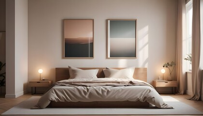 Frame mockup in modern bedroom with empty poster frame 