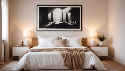 Frame mockup in modern bedroom with empty poster frame 