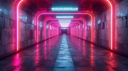 Futuristic tunnel formed by neon trapezoids, vibrant neon colors, dark background, hd quality, digital art, high contrast, geometric precision, modern design, artistic composition, dynamic and lively 