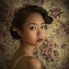 Fototapeta premium Vintage-styled portrait of a young Asian woman with retro makeup and hair, her timeless beauty highlighted against an old-fashioned wallpaper background. 