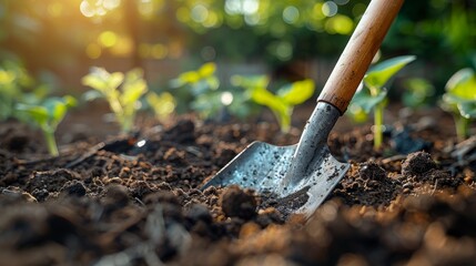 Close-up of a shovel handle in sunlight with rich soil surrounding, garden cultivation scene