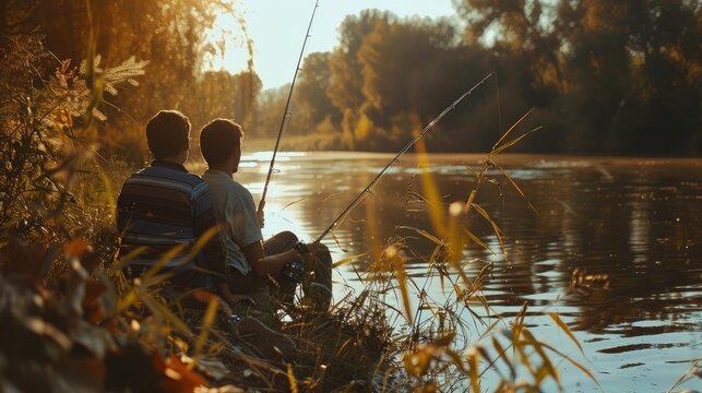 Two young children fishing by a serene riverbank at sunset, enjoying a peaceful and relaxing moment in nature, surrounded by water and tranquility
