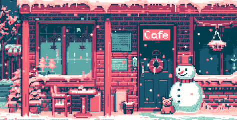 8bits pixel art of an old coffee shop in the snow in the style of retro game style