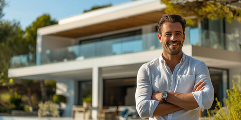 Sophisticated Portrait of a Successful, Handsome Man in His 40s, Posing with Confidence Before a Lavish Mansion