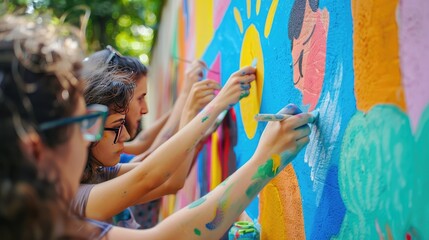 Teenagers painting a colorful mural on a wall, showcasing creativity, teamwork, and community spirit in a vibrant and artistic outdoor setting