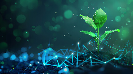 Green technology concept of digital environment in futuristic polygonal style. Glowing neon tree on the background of circuit board.