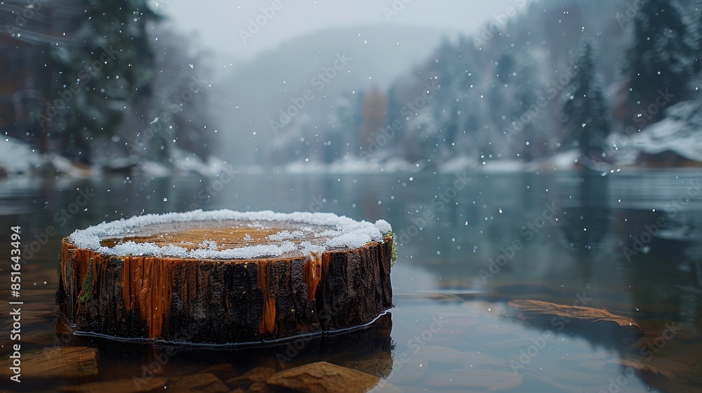 Poster a stump dusted with snow stands in a tranquil lake with gentle snowfall and a misty forest backgroun