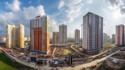 Obraz premium panoramic view of a construction site showing the progress of multiple buildings being developed