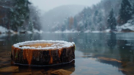 A stump dusted with snow stands in a tranquil lake with gentle snowfall and a misty forest background