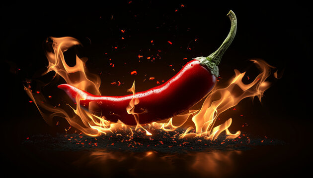 hot red chili pepper on fire isolated on black background