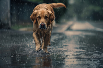 An old golden retriever walks through heavy rain on the street. With a sad face.