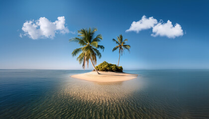 Beautiful isolated desert island with palm trees in the topical sea. Bright sunny day with blue sky with fluffy white clouds.