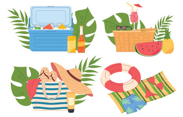 Set of summer elements for vacation on the beach. Beach vacation accessories for her. Comfortable rest on a sunny beach. Vector illustration