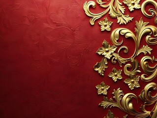 Exquisite Gold Filigree Scrollwork on Sumptuous Red Velvet Backdrop   Luxurious Ornate Background Concept