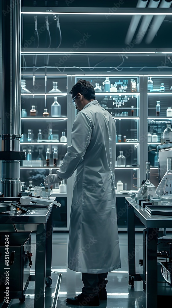 Poster lone scientist working in advanced laboratory creating synthetic life forms