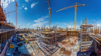 panoramic view of a large construction site, showing cranes, scaffolding, and building frames