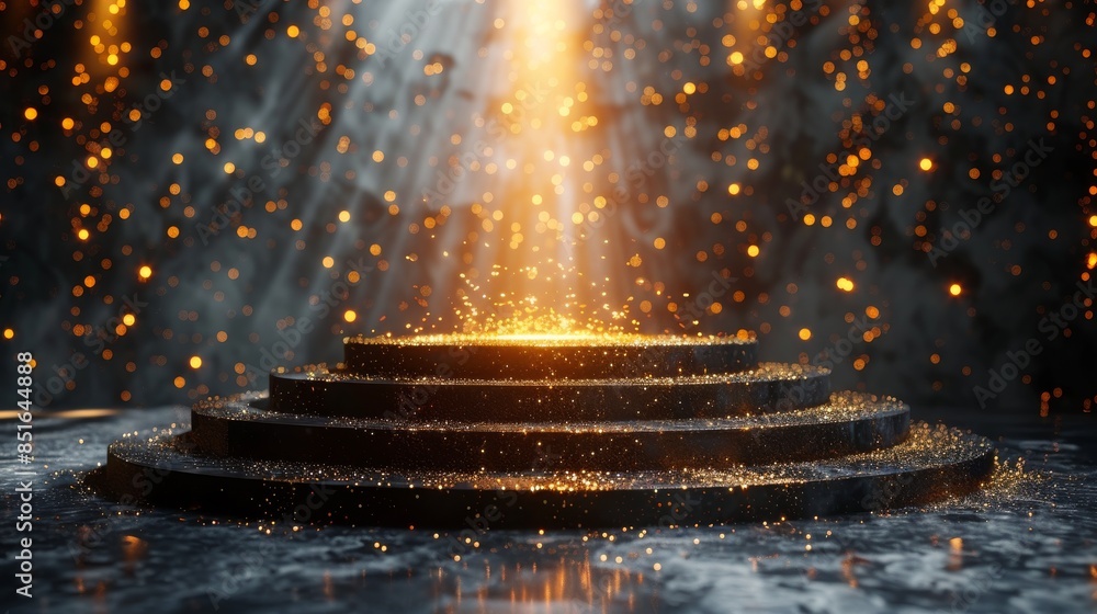 Poster Multi-level round black pedestals with golden glowing light and sparkling bokeh in the background