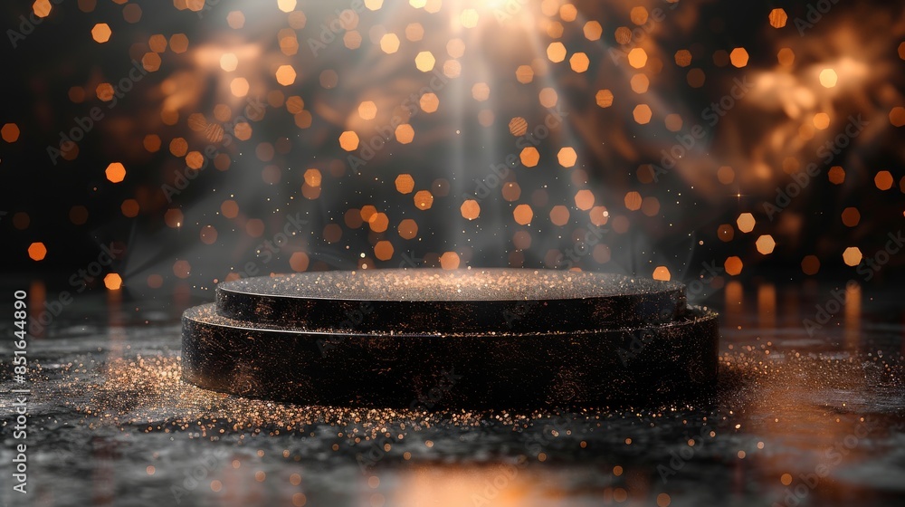 Poster a dark round pedestal lit from above creating sparkles on surface against soft bokeh light backgroun