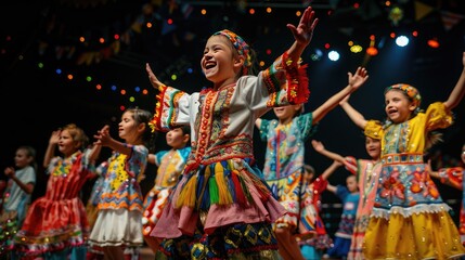 Children performing a traditional dance in colorful costumes at a lively festival, showcasing joy, happiness, and cultural heritage under vibrant lights