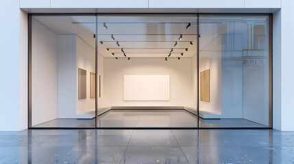 Sleek Minimalist Art Gallery: Modern Design with Frameless Glass Door and White Walls Creating a Spacious Aesthetic