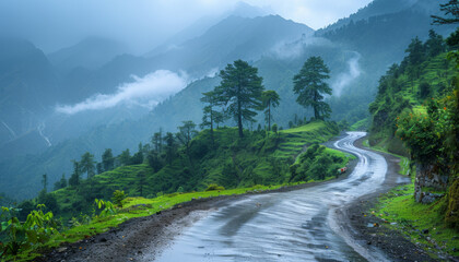 Fototapeta premium scenic mountain road surrounded by lush greenery and wildflowers
