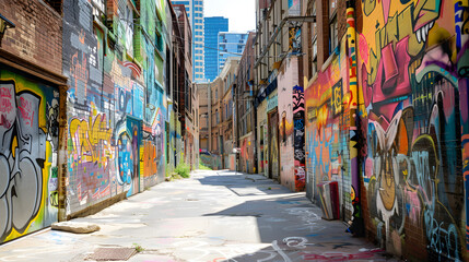 Vibrant City Alleyway: A Kaleidoscope of Street Art Murals, Stencils, and Tags