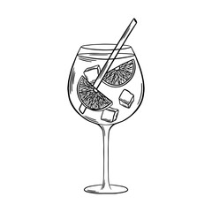 Aperol Spritz Cocktail black and white outline illustration. Bar drink line art. Engraving style. Line drawing