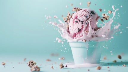 **Ice cream explosion with cookie crumbles on a solid mint background. 32k, full ultra HD, high...