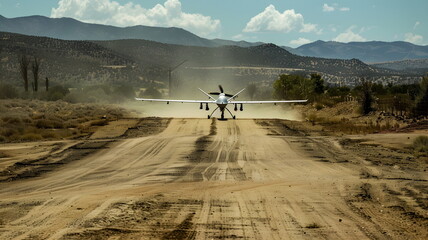 Fototapeta premium Aircraft Takeoff Dusty Rural Runway Landscape Adventure