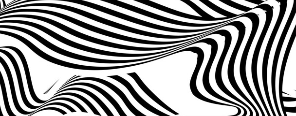 Optical illusion background. Black and white abstract distorted wavy lines surface.  Horizontal lines stripes pattern