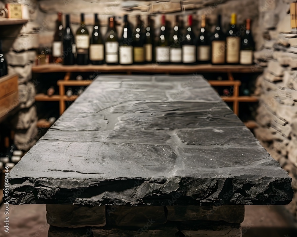 Poster premium wine bottles showcased on a rustic slate table in a cellar setting