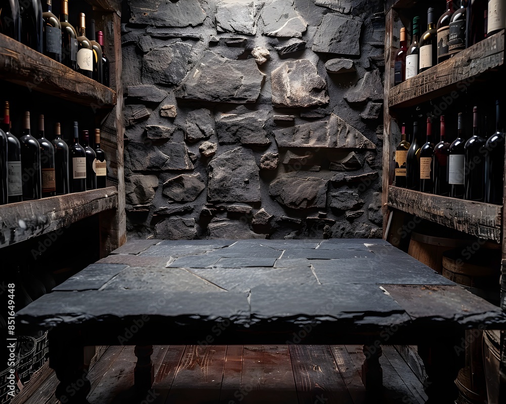 Poster slate table in elegant wine cellar for premium wine bottle display and product concept with copy spa